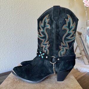 Vintage Dingo Boots Womens 10 Cowboy Suede Leather Chain Western Black Turqouise